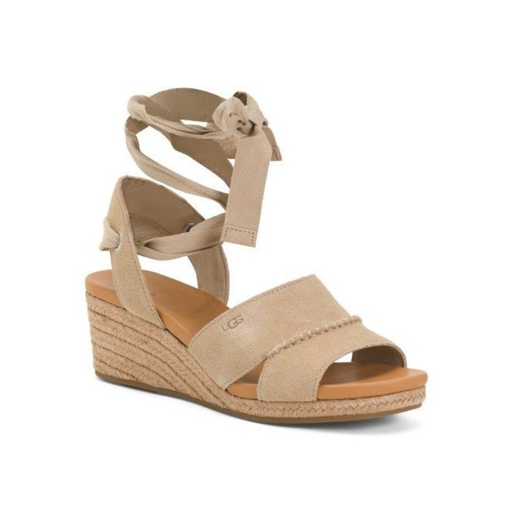 NIB UGG WOMEN'S TAIA ANKLE WRAP WEDGE SUEDE SANDALS MUS TAN SZ 9.5 NIB - Picture 4 of 8